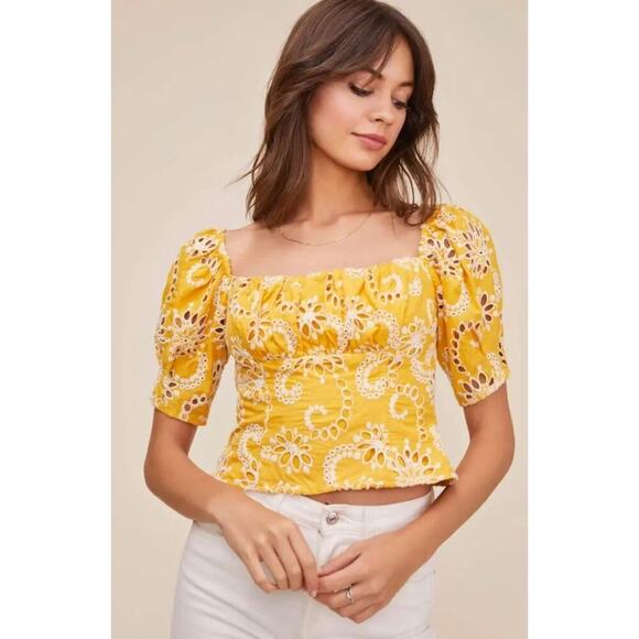 ASTR the Label Bondi Floral Eyelet Top Large Mustard Yellow Floral Embroidered - Picture 1 of 12